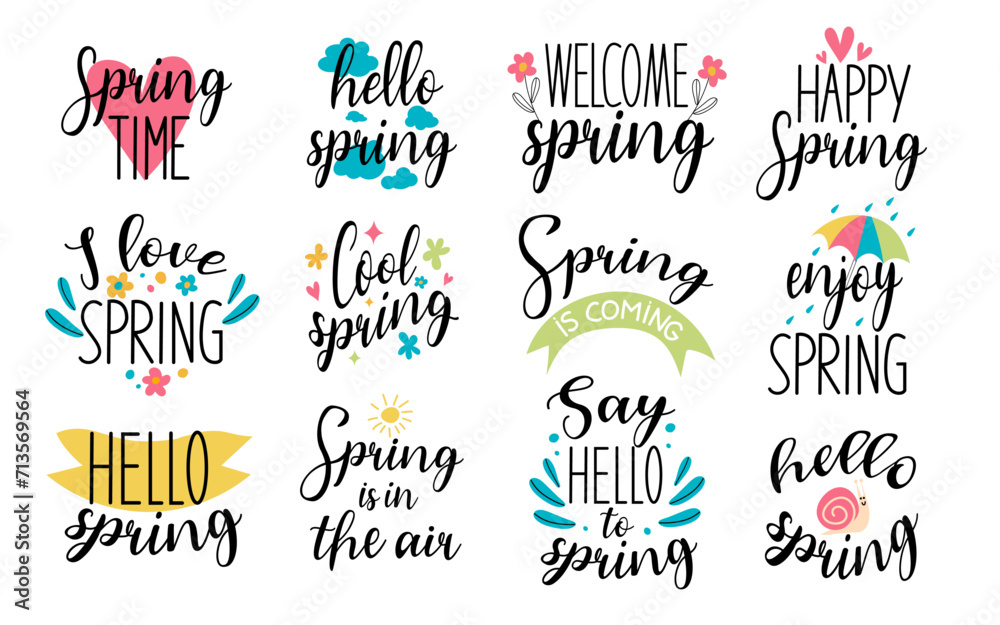 Spring or summer time handmade text quote. Hello spring time vector lettering text greeting card special springtime typography hand drawn.