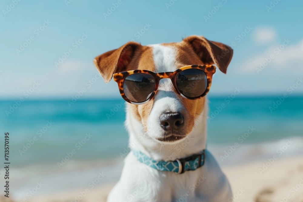 Dog wearing Sunglasses sitting on the Beach, Image Ai Generated