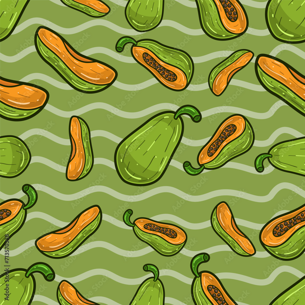 Papaya Fruit Seamless Pattern in Cartoon Style. Perfect For Background, Backdrop, Wallpaper and Cover Packaging. Papaya Fruit Seamless Pattern in Cartoon Style. Perfect For Background, Backdrop, Wallpaper and Cover Packaging.