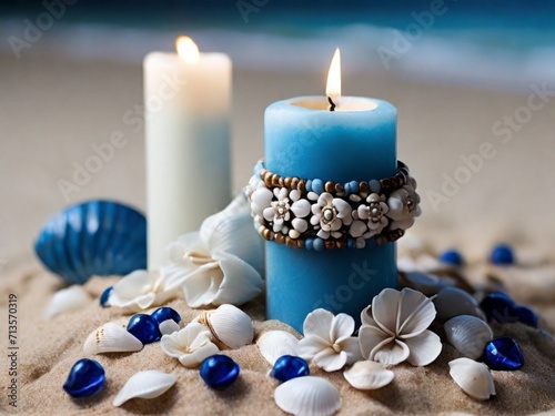 decoration with blue candle on the beach for Iemanjá