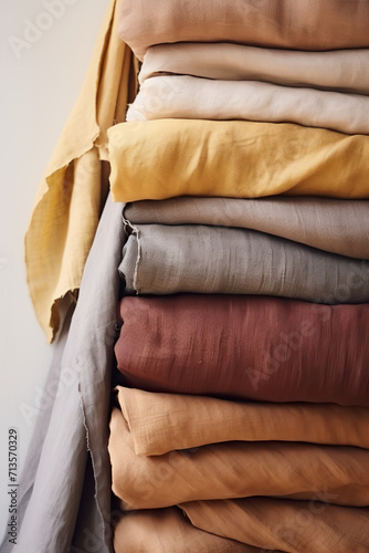 Heap of folded clothes on white background, closeup. Space for text