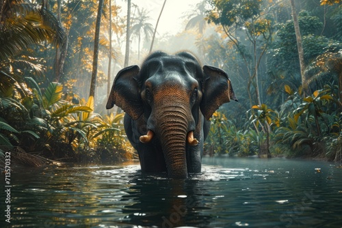 Powerful elephant bathing in a lush jungle river, displaying both strength and natural grace. © Robert Anto
