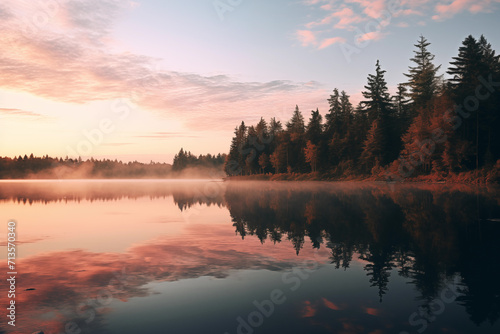 Autumn landscape with misty lake and pine trees at sunrise.