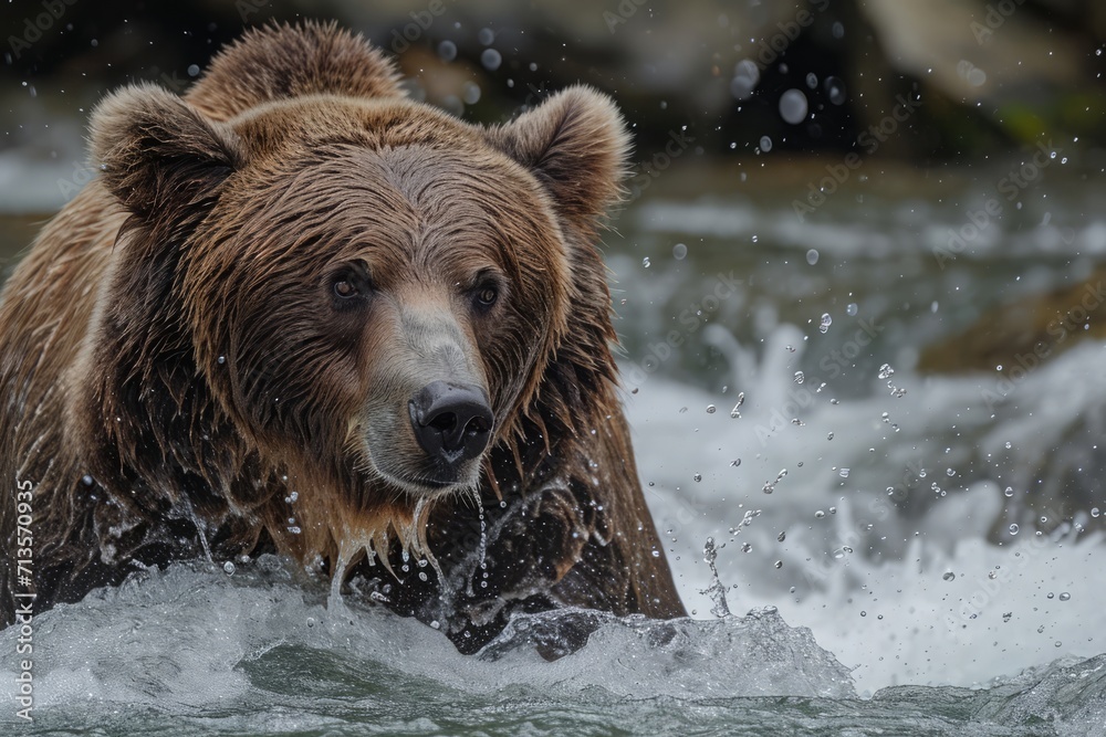 Brown bear expertly fishing in rushing river waters, showcasing strength and wilderness prowess. Brown bear expertly fishing in rushing river waters, showcasing strength and wilderness prowess.