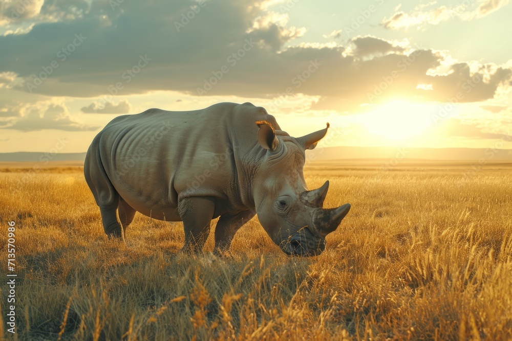 Obraz premium Mighty rhinoceros grazing on sun-drenched grasslands, displaying the strength and grandeur of a majestic herbivore.