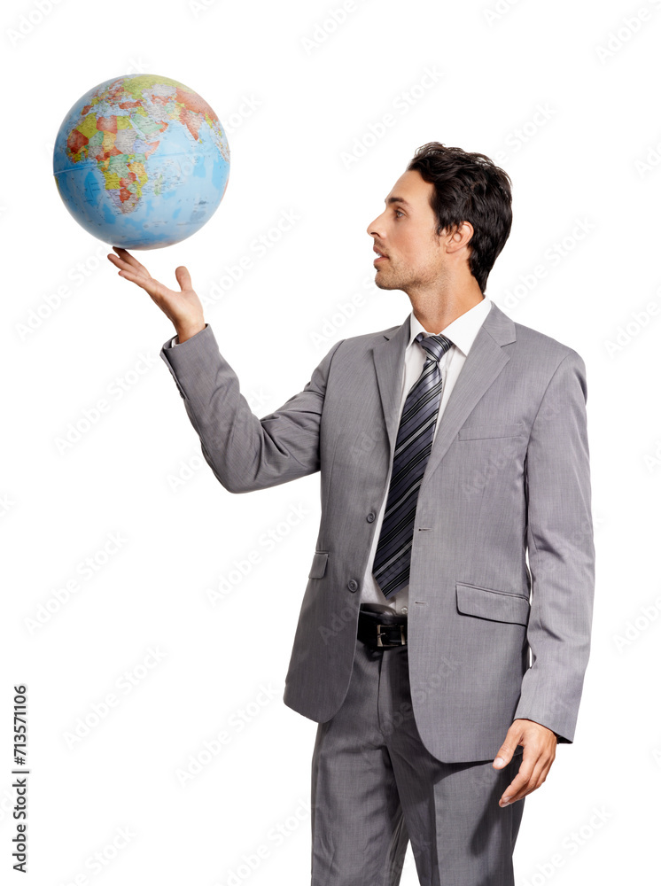 Business man with globe, planet or earth isolated on a white studio background. Person in suit, world map and geography, environment conversation and future protection, ecology and sustainability