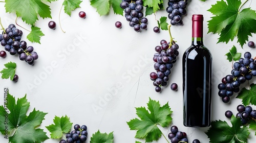 Flat lay of red wine, grapevine branch, wine bottle on white background.  AI generated.
