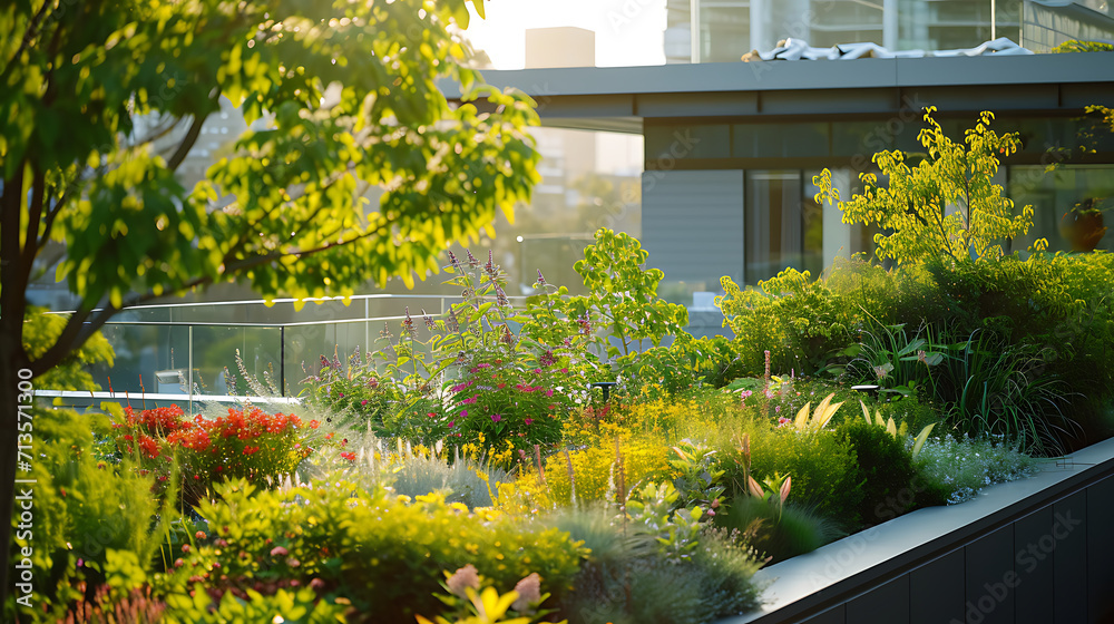 Um luxuoso jardim no telhado irrompe com cores vibrantes criando um oásis tranquilo em meio ao agito urbano