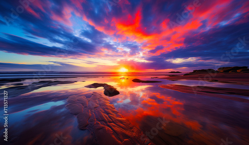 Stunning image of a vibrant sunset with clouds reflected on the wet sand during low tide