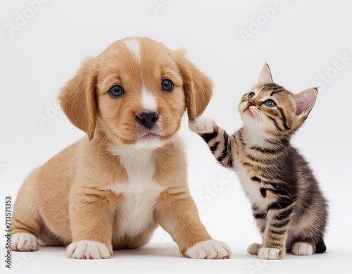 Red kitten and puppy isolated on a white background. AI generated.