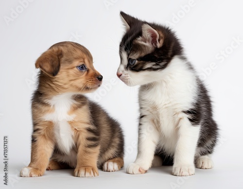 Cute kitten and puppy isolated on white background. AI generated.