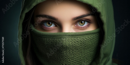 a girl in a green balaclava. a woman with a mask hiding her face. headdress, hat. a close look.