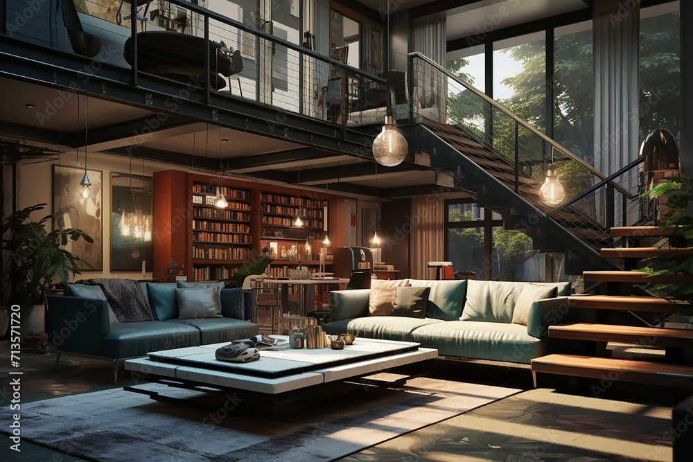 Interior of a modern living room in a loft style. 3d rendering