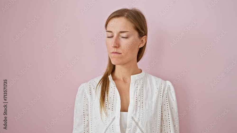 Confident, young woman strikes a simple, natural pose. she's standing, looking intently at the camera with a serious expression. shot over a cool, isolated pink background. Confident, young woman strikes a simple, natural pose. she's standing, looking intently at the camera with a serious expression. shot over a cool, isolated pink background.