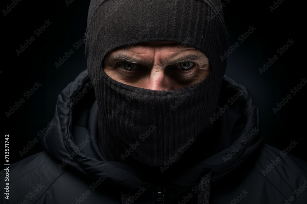 a stern man in a black balaclava. a villain, a robber who covered his face with a mask. portrait close-up, dark background. a stern man in a black balaclava. a villain, a robber who covered his face with a mask. portrait close-up, dark background.