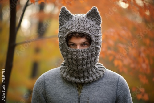 a young man in a knitted balaclava cathead. a hat, a mask with ears and an eye slit.