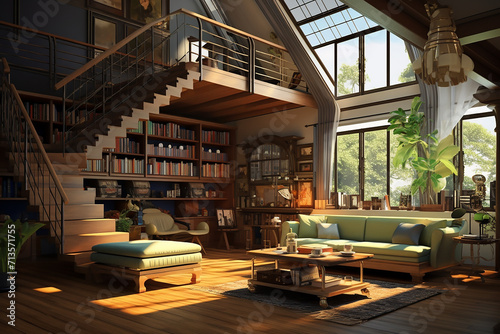 Interior of the living room in a loft style. 3D rendering © Saim