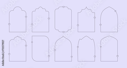 Valentines Day Y2K romantic frames. Outline minimalistic arches set with line hearts.