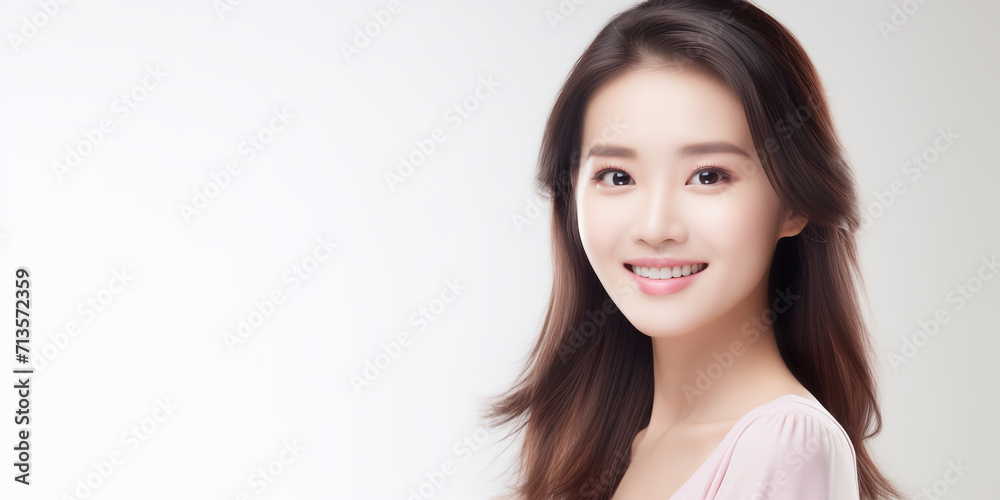 Beautiful oriental girl smiling on a white background Beautiful oriental girl smiling on a white background