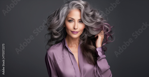 Beautiful old woman with long hair and a purple shirt on a dark background