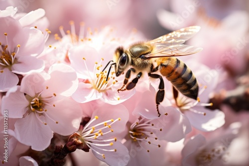 Nature's Ballet: Bee Collecting Pollen from Cherry Blossom © Milos