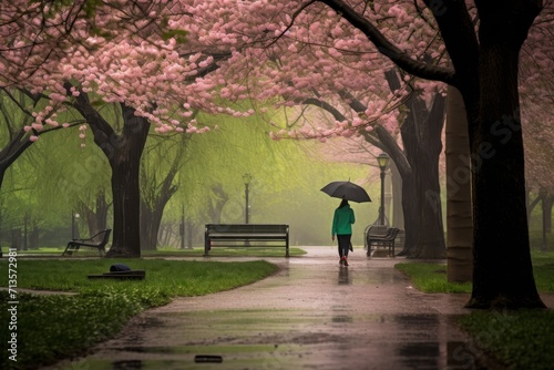 Spring Rain: Tranquil Walk in a Blossoming Park