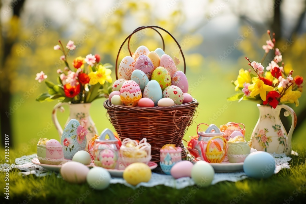 Enchanting Easter Delights: Festive Basket, Chocolate Bunny, and Spring Decor