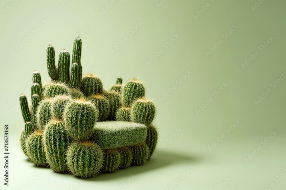 Armchair made of cactuses. Uncomfortable situation, hemorrhoids concept. You are not welcome. Cactus leather, sustainable vegan alternative to animal leather. Green eco living, cruelty-free Armchair made of cactuses. Uncomfortable situation, hemorrhoids concept. You are not welcome. Cactus leather, sustainable vegan alternative to animal leather. Green eco living, cruelty-free