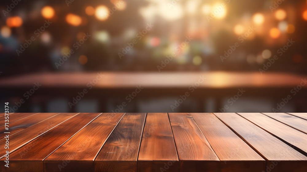 Warmly Lit Wooden Table Surface in a Cozy Restaurant During Evening Hours. AI. Warmly Lit Wooden Table Surface in a Cozy Restaurant During Evening Hours. AI.