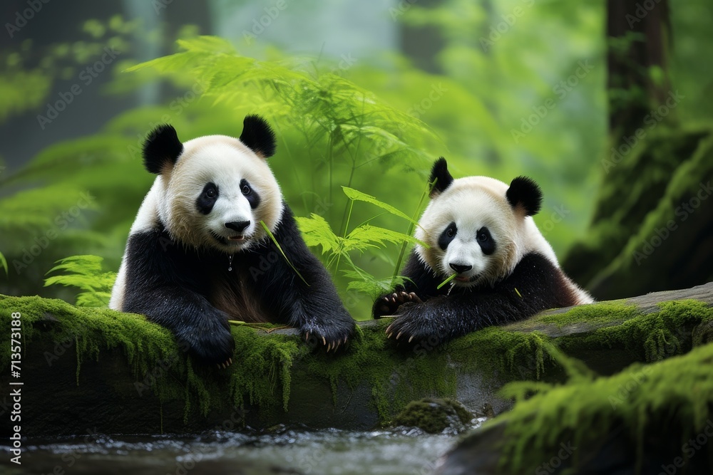 Fototapeta premium Harmony in the Bamboo Grove: Playful Pandas in Their Natural Habitat