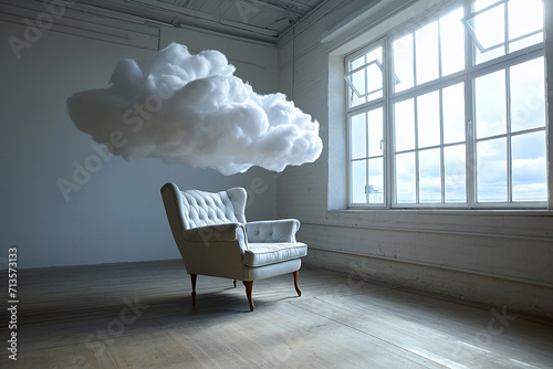 An armchair with clouds. Fluffy cloud around soft armchair in empty room. Peaceful place for thinking. Dreaming, mental health, tranquil place, relaxation. Loneliness, emptiness and sadness photo