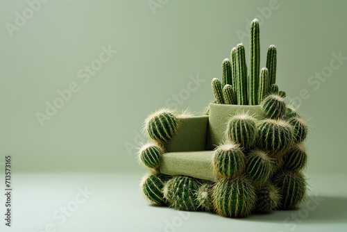 Armchair made of cactuses. Uncomfortable situation, hemorrhoids concept. You are not welcome. Cactus leather, sustainable vegan alternative to animal leather. Green eco living, cruelty-free