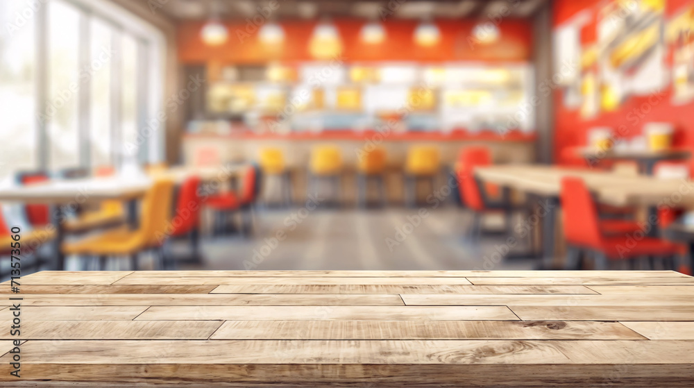 Empty Wooden Table with Blurred Fast Food Restaurant Interior Background