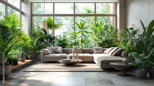 Uma sala de estar moderna com uma parede de janelas permite que a luz natural inunde o espaço iluminando uma série de exuberantes plantas de interior verdes