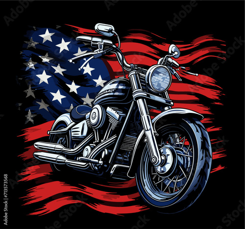 Vector design for t-shirt. 
Biker motorcycle
with american flag on black background. 
Fashionable print for fabric, paper, men clothing,
hoodie, biker jacket.