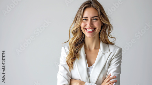 Beautiful young woman standing on a white background