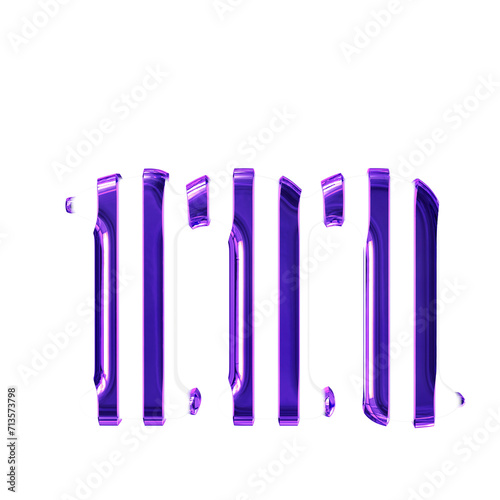 White symbol with thin purple vertical straps. letter m