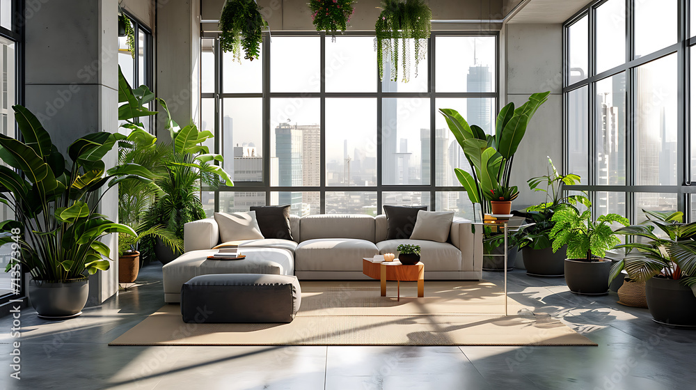 Uma sala de estar moderna com janelas do chão ao teto inunda o espaço com luz natural iluminando os móveis minimalistas e linhas limpas