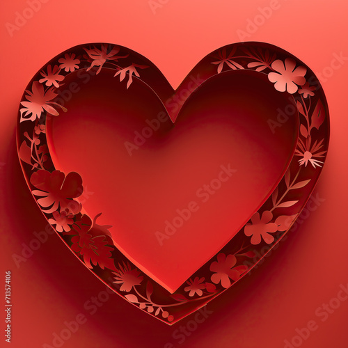 Red paper cut flovers and leaves forming a heart shape