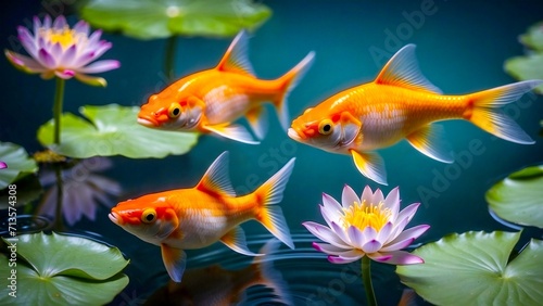 Goldfish in a pond with water lilies