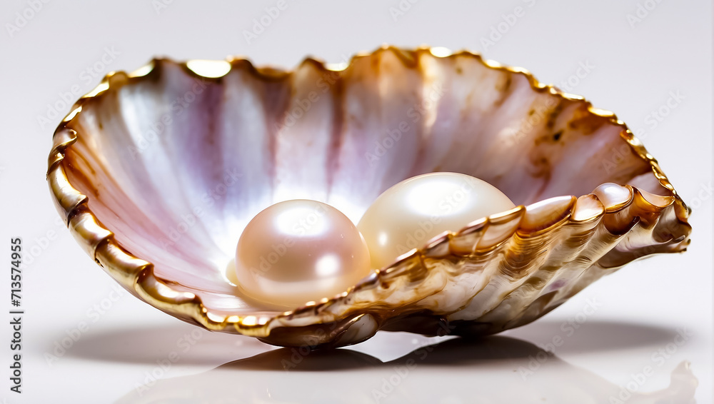 Beautiful shell with pearls on a light background Beautiful shell with pearls on a light background