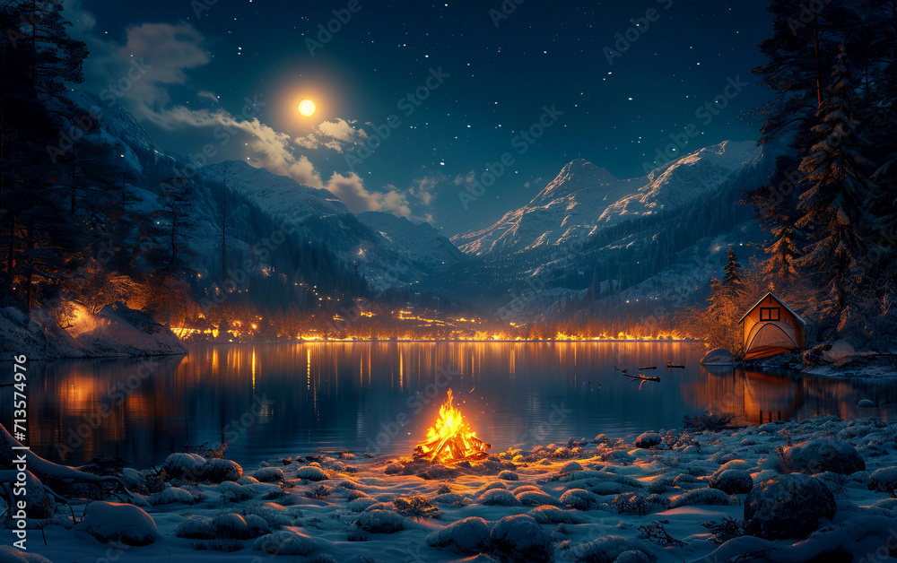Campfire pictures camping winter. A campfire burns brightly in the serene darkness of a nighttime lake scene.