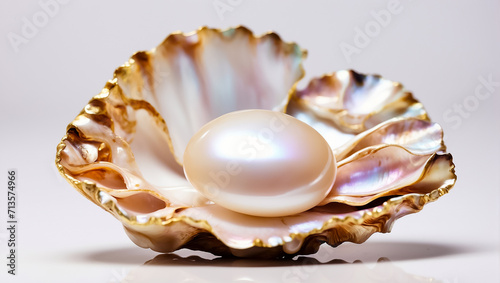 Beautiful shell with pearls on a light background jewel