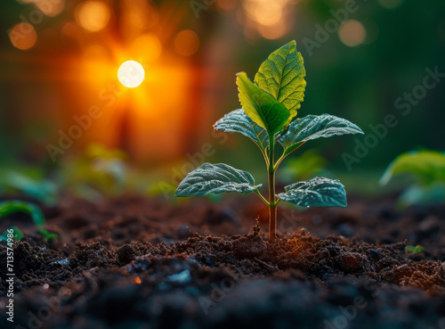 A baby tree sprouting out of the dirt. A young plant sprouts from the ground, signaling new beginnings against a serene sunset backdrop.