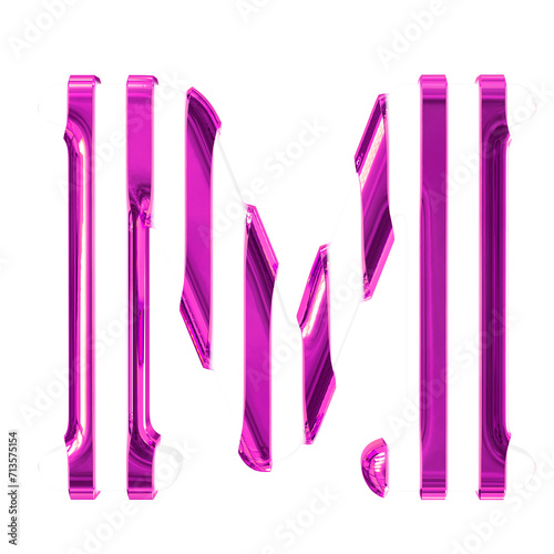 White symbol with thin purple vertical straps. letter m