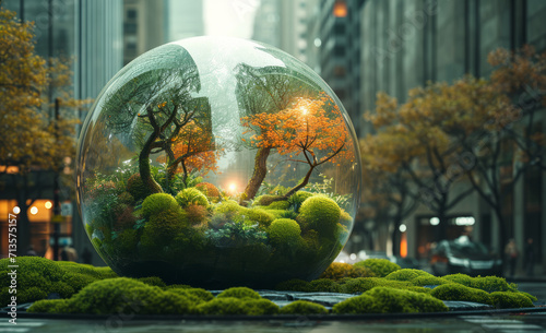 A green ball filled with plants in front of a city. A captivating glass ball showcasing miniature trees encapsulated within it  offering a mesmerizing view.