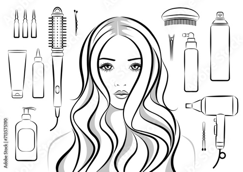 1437_Beautiful girl with long wavy hair and professional hairdresser cosmetics and tools