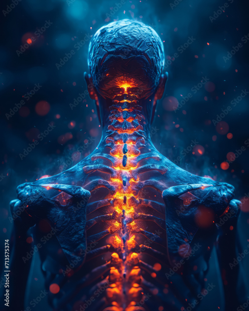 A man with a healthy spine indicating all symptoms. A captivating photo capturing the back of a mans torso adorned with glowing lights that create a visually striking image.