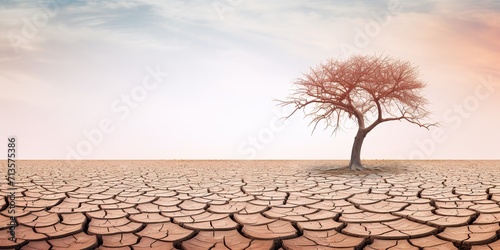 minimalistic design Tree on cracked ground due to drought and global warming