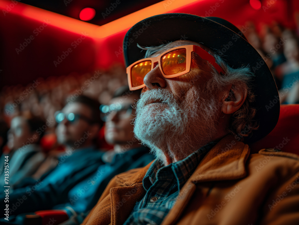A theater with people sitting. A man wearing glasses and a hat focuses on watching a movie in the comfort of his own home.